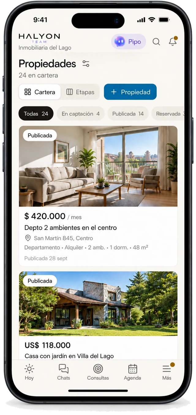 La cartera de propiedades en la app de Halyon en el celular.