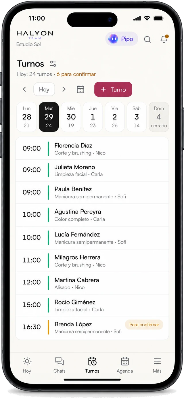 Los turnos del día en la app de Halyon en el celular.